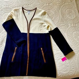 Charter Club long cardigan sweater, leather trim with pockets, NWT